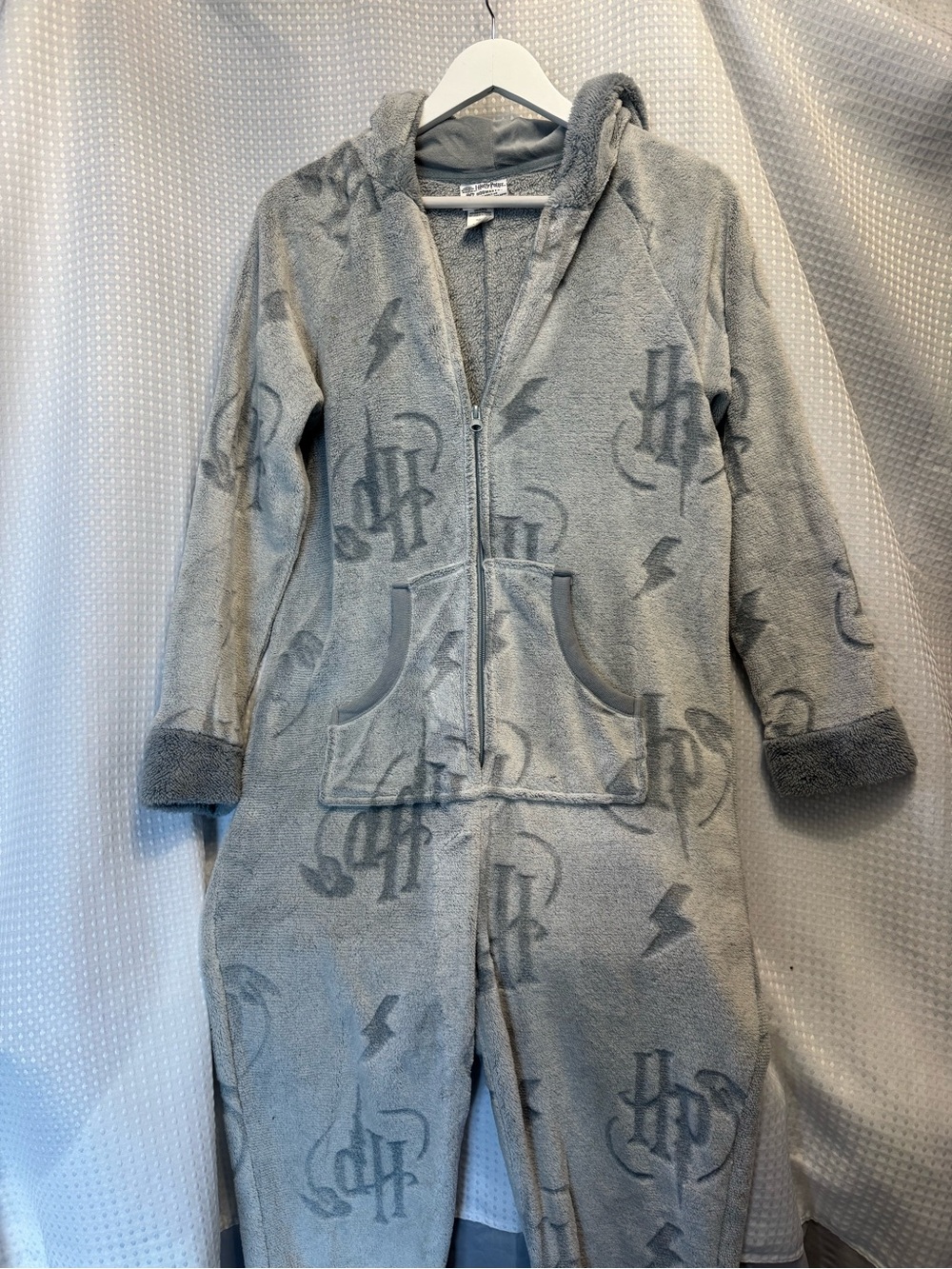 Kids Cozy Gray Fleece Hooded Pajama Onesie - Lightning Motif